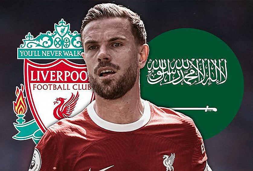 Jordan Henderson against a backdrop of Liverpool shield and Saudi Arabian flag