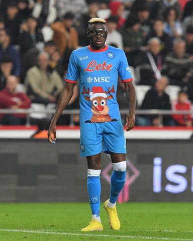 Napoli's first-ever Christmas shirt featuring Rudolph-the-red-nose-reindeer as worn by a player in a match