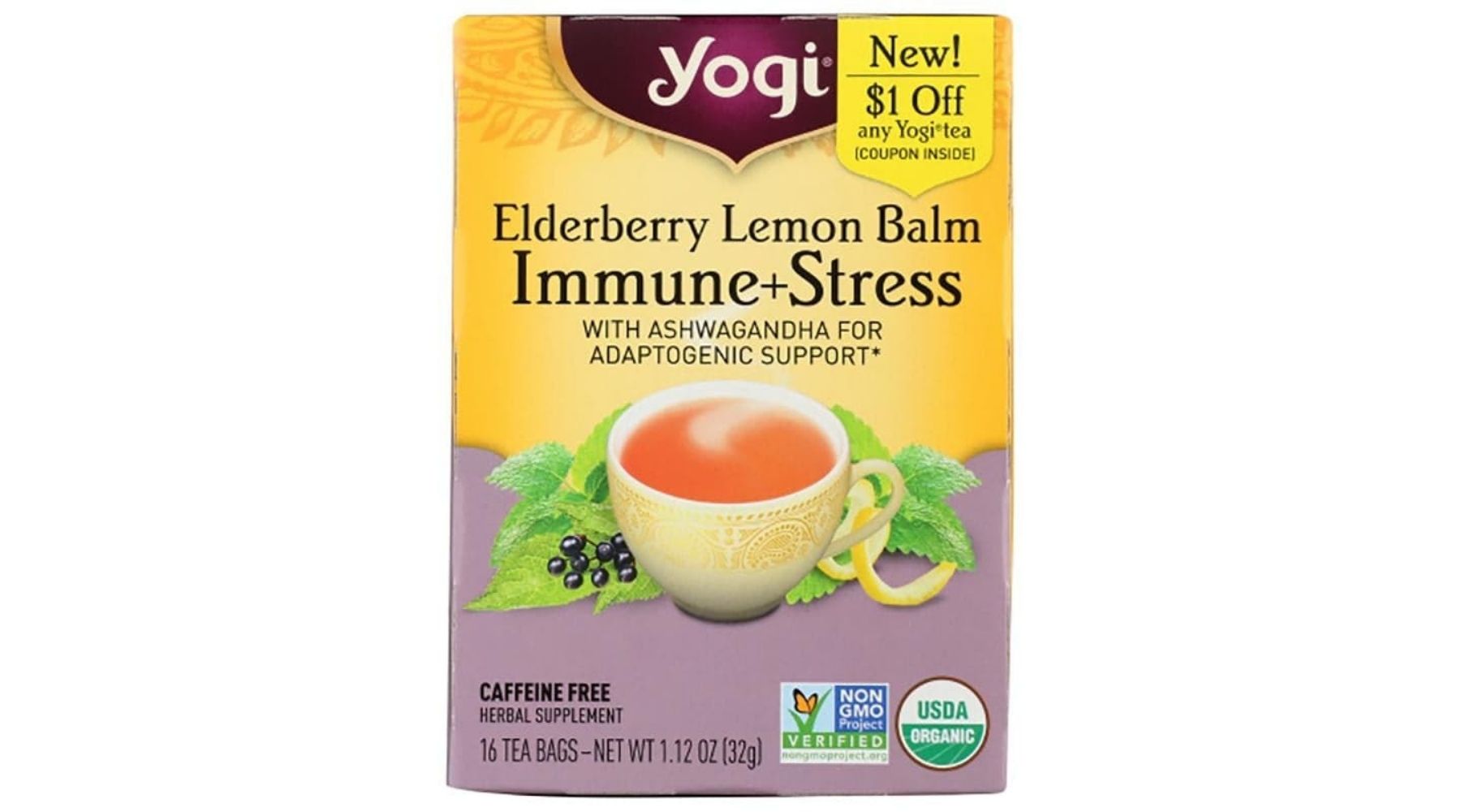 Yogi Tea - Elderberry Lemon Balm Immune & Stress, 16 Bags, 1.1 oz - front