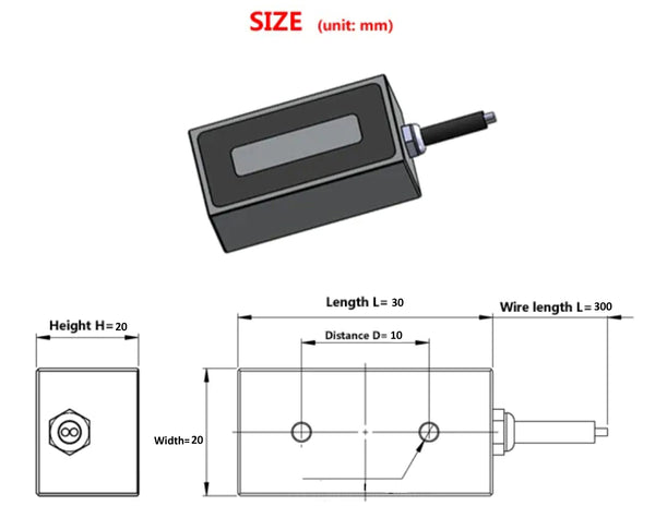 30 x 20 x 20mm thick Electromagnet with 4mm Mounting Hole DC 12V/24V_drawing