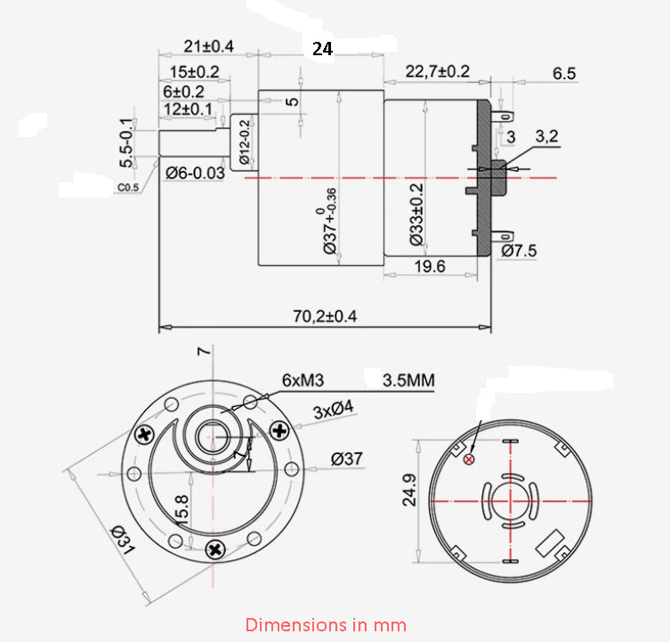 37GB520 66 RPM 6V 37mm Diameter Side D-Shaft DC high torque geared motor