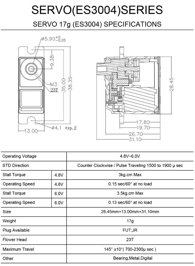 EMAX ES3004 17g 3.5kg 0.13sec 23T Metal Gear Analog Servo For RC Airplane ES3104 upgrade