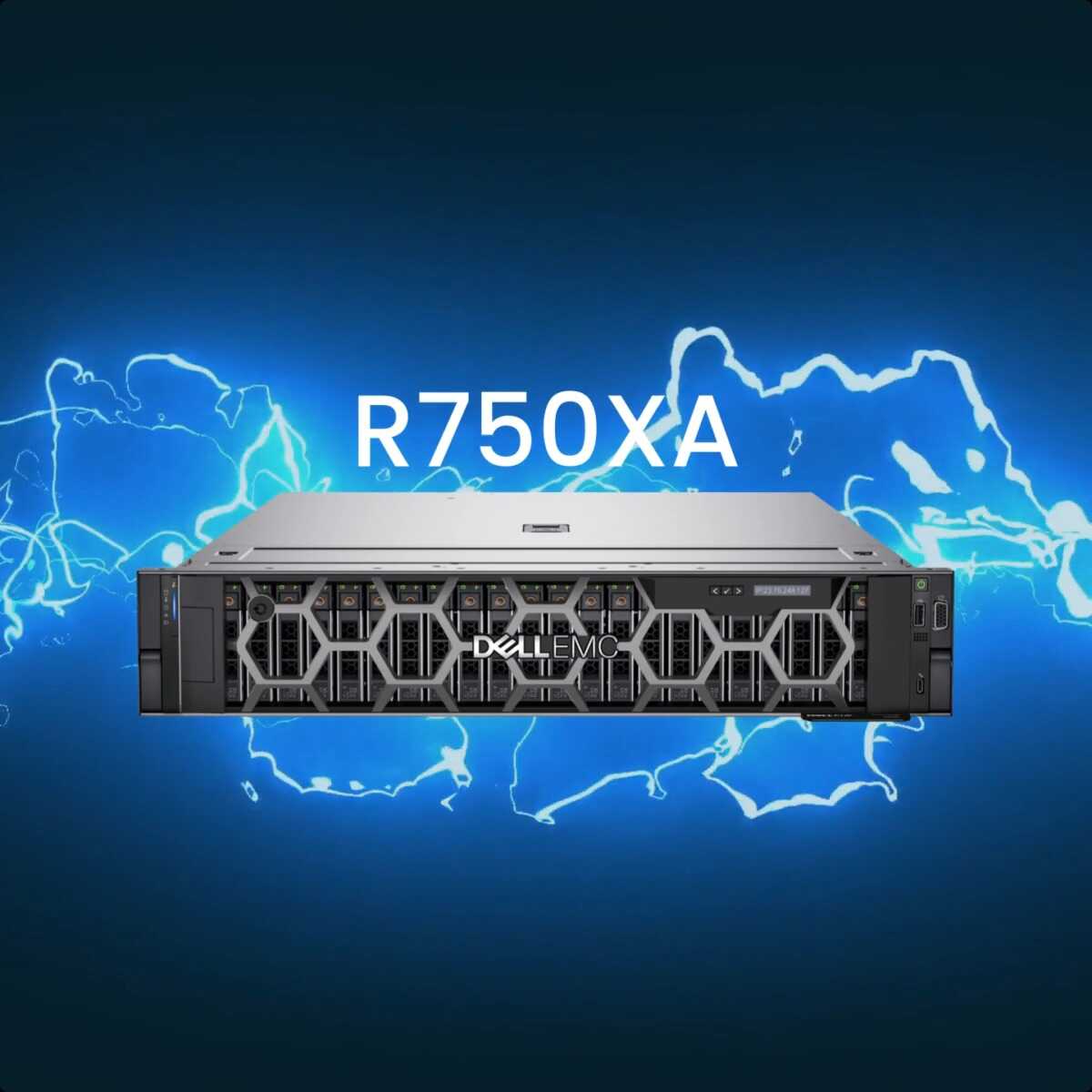 Dell EMC PowerEdge R750XA 2U Rackmount Server with a blue streak of lightning in the background