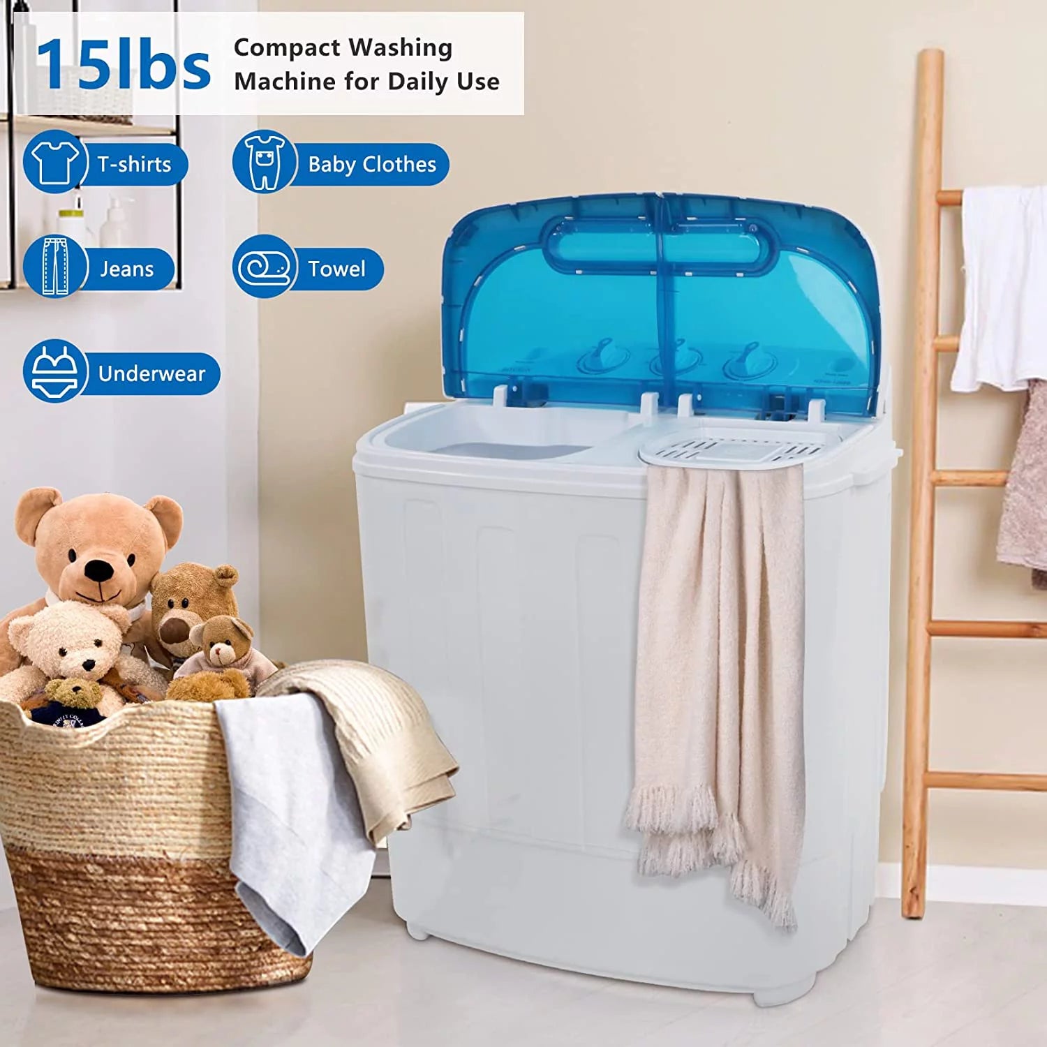 Full-Automatic Washing Machine 7.7 lbs Washer/Spinner Germicidal UV Light  Blue 
