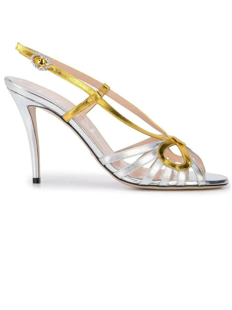 GUCCI Metallic Leather Crossed Bow Sandals Silver Gold – 