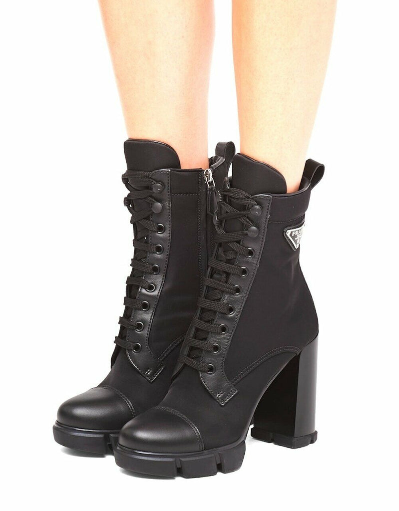 brushed leather and nylon combat boots