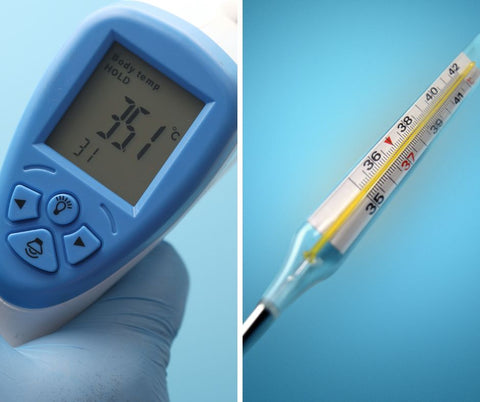 two images of thermometers, one infrared the other a glass thermometer