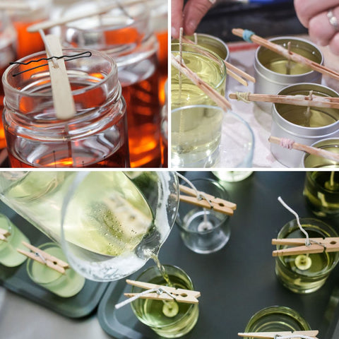 candles being left to cool with a variety of wooden pegs and sticks holding the wicks straight while the candle cools and the wax hardens