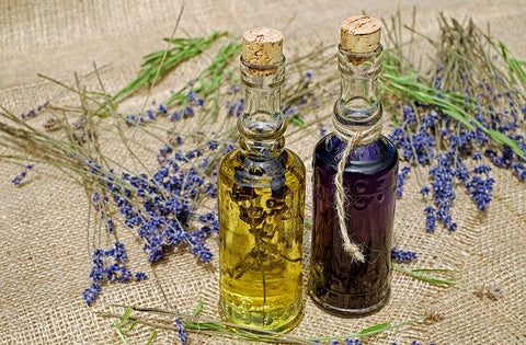 two small bottles filled with oil with lavender flower bundles in the background