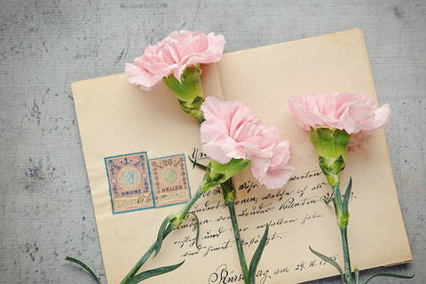 an old handwritten envelope with three pink carnation flowers 