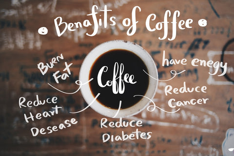 Benefits of coffee listed in an image with a coffee cup in the middle.