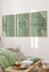 display of 3 sage green bedroom prints