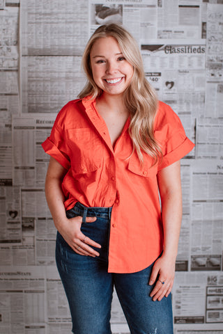 Vintage Short Sleeve Red Button Up Blouse