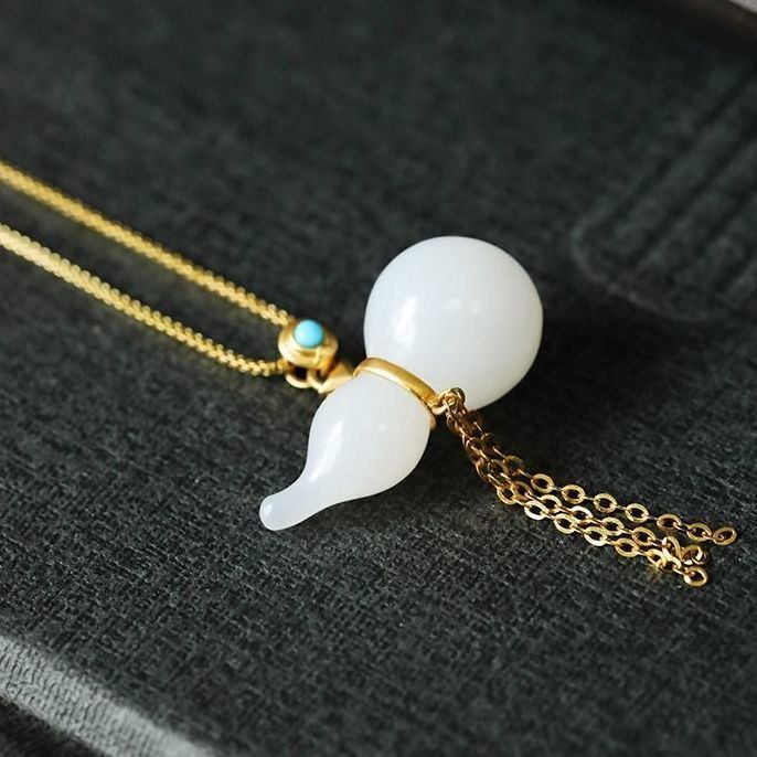 silver inlaid natural Hetian white jade gourd Pendant Necklace Chinese classical unique sand gold craft charm women&