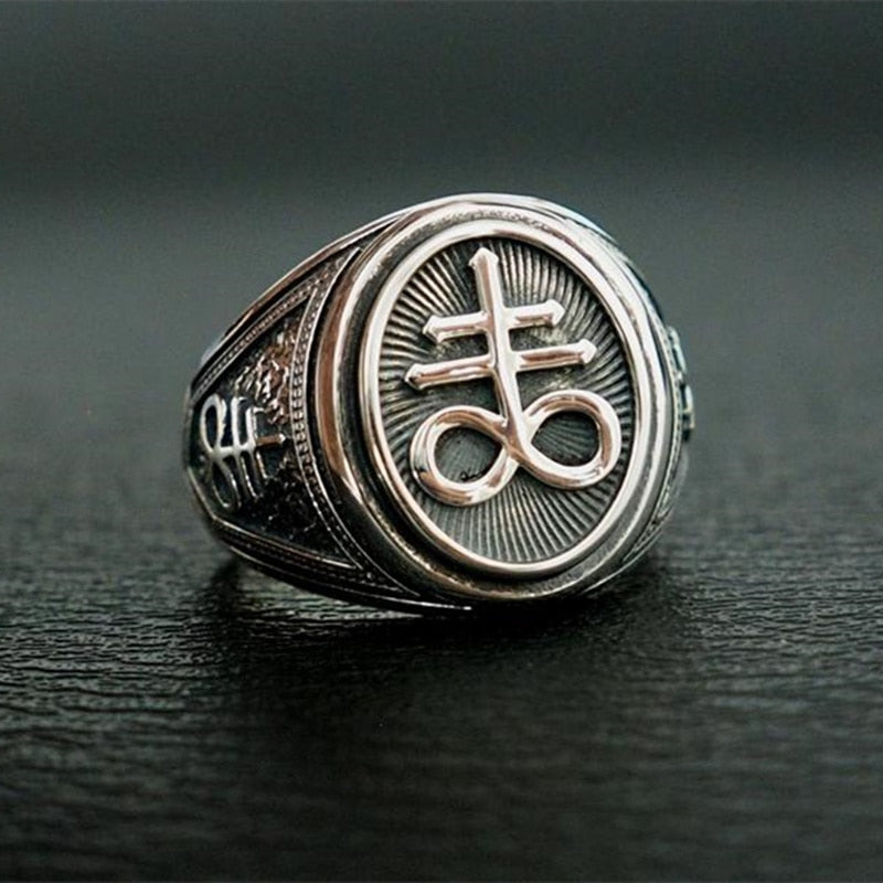 Gothic Mens 316L Stainless Steel Cross Ring Seal of Satan Signet Rings