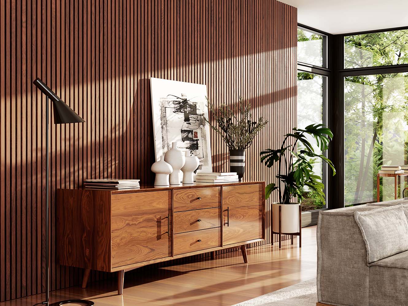 sunny midcentury modern living room walnut vertical wood slat accent wall 