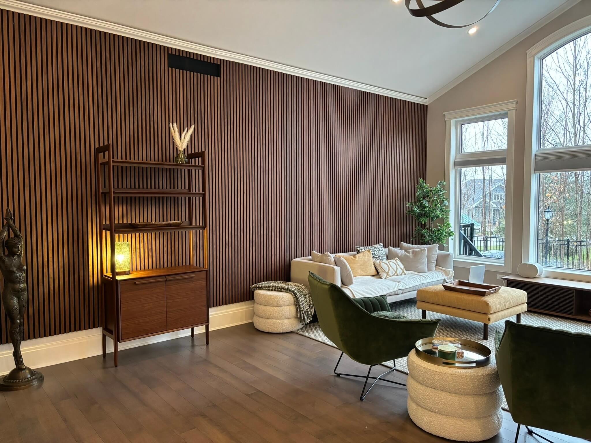 wood slat wall panels in cozy lounge area