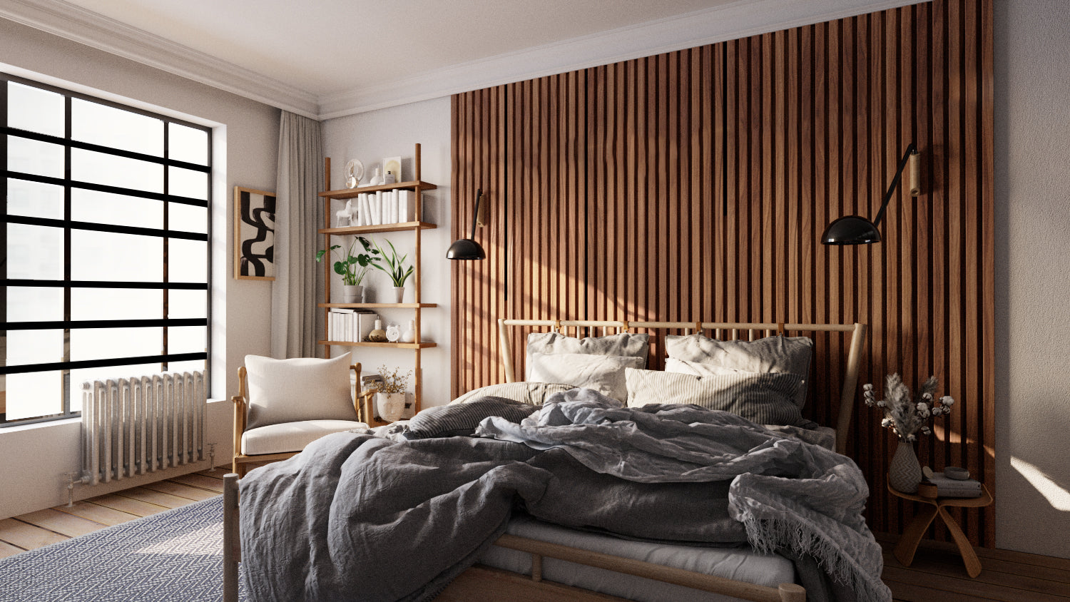 midcentury modern bedroom with vertical wood slat accent wall behind bed