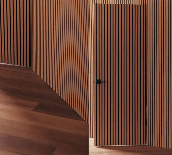 Brown oak wood slat wall, demonstrating the finished look of how to install acoustic panels on wall