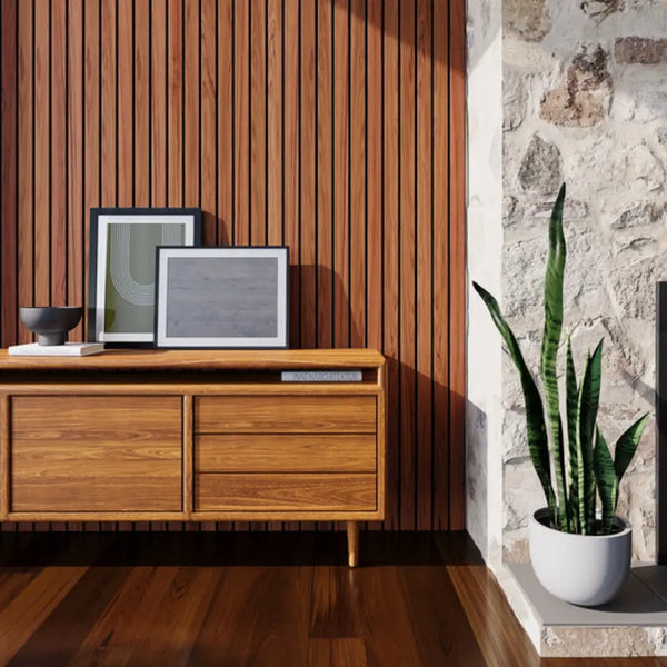 Close-up of wooden wall slats, similar to how to install acoustic panels on wall for texture and acoustics