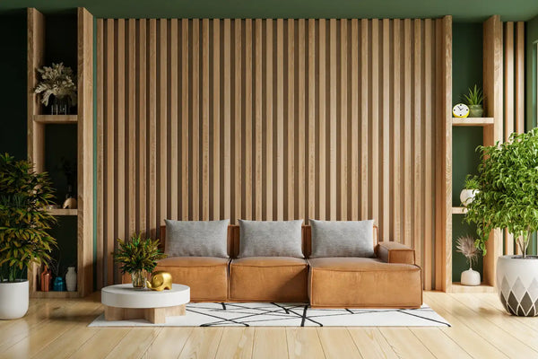 Comfortable living room with a horizontal decorative wood wall panel and leather sofa, showcasing types of decorative wood panels