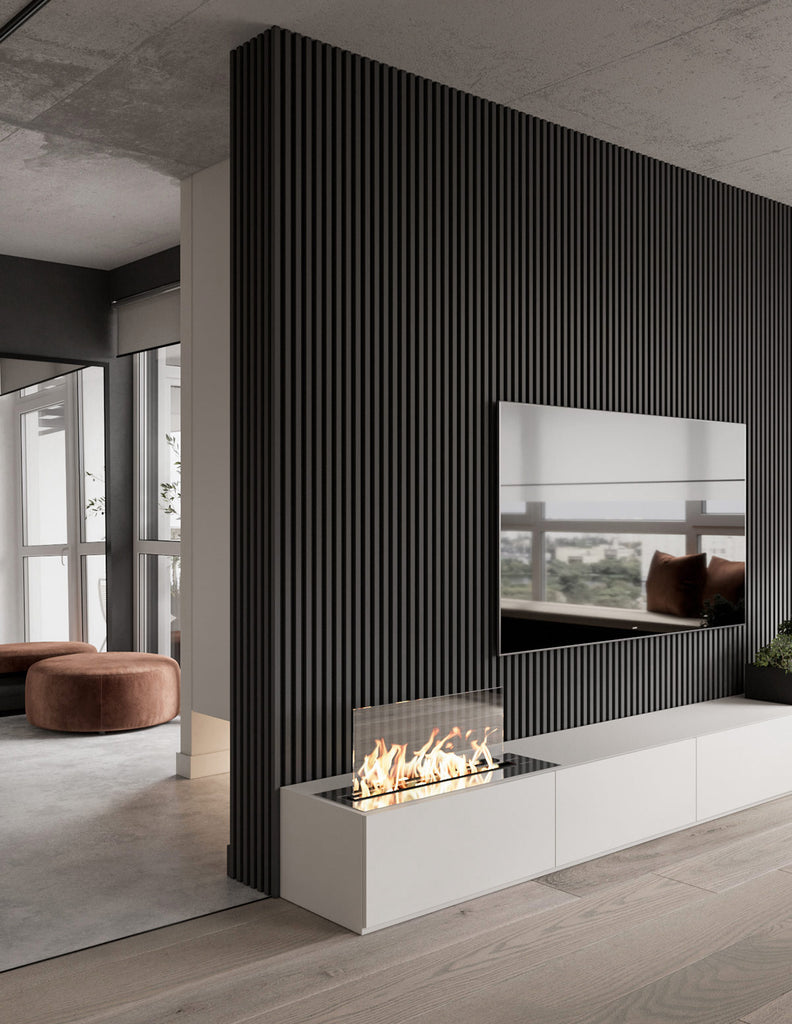 vertical black wood slat accent wall behind tv with a modern fireplace and tv stand