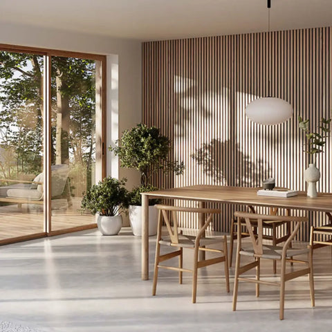 Scandinavian dining room with white oak wall slats, a type of decorative wood wall panels, against a nature backdrop