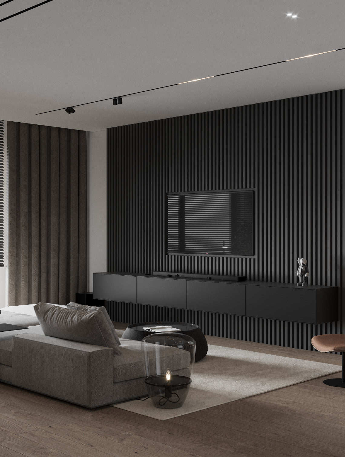 modern living room with black vertical slat wall around tv and floating media console
