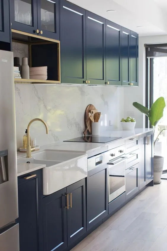 blue and white accent wall in a kitchen