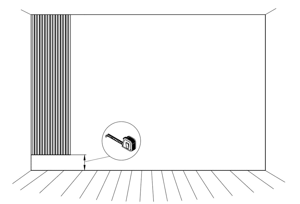 instructional drawing showing a wood slat wall panel being installed on a wall and a measuring tape measuring the extra length needed