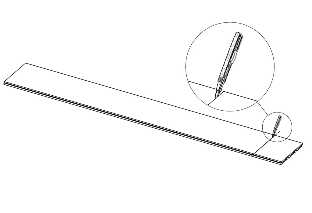 instructional drawing of wood slat wall panel being cut with utility knife