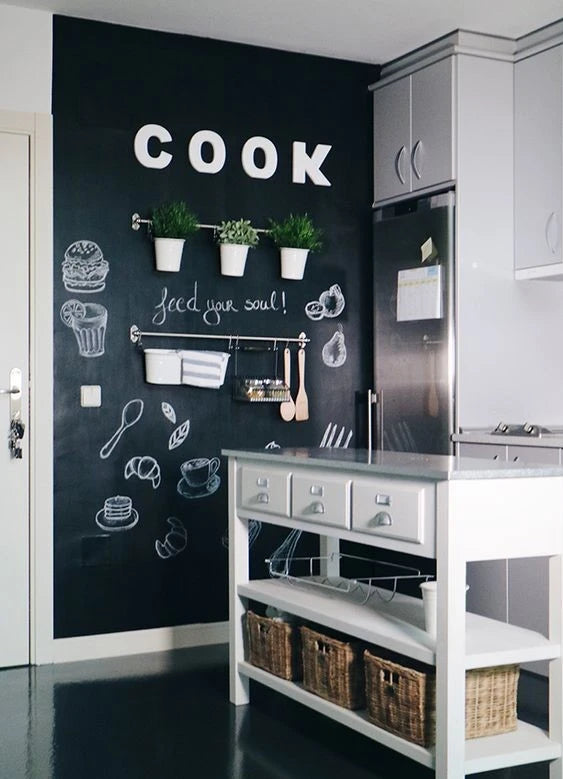 chalkboard accent wall in a kitchen