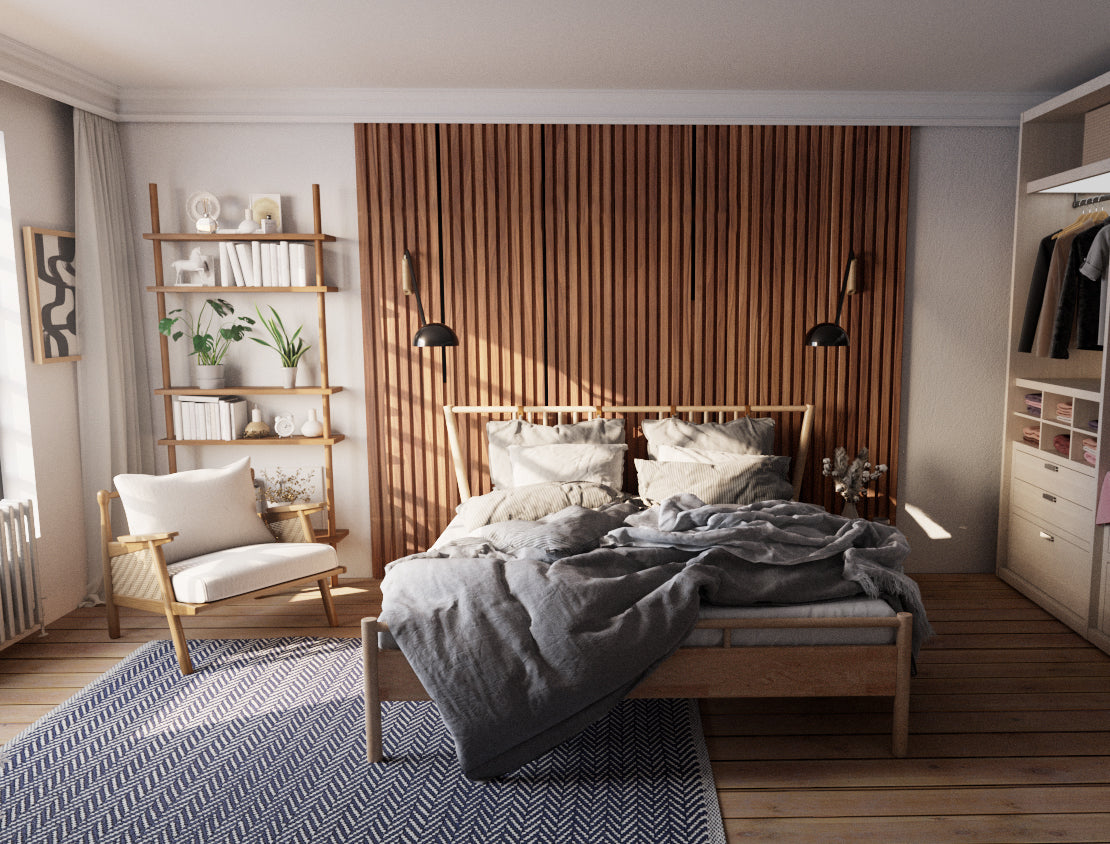 modern bedroom with wood furniture and a vertical wood slat wall behind the bed