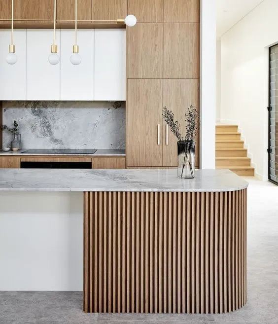 wood slat accent wall on a kitchen island