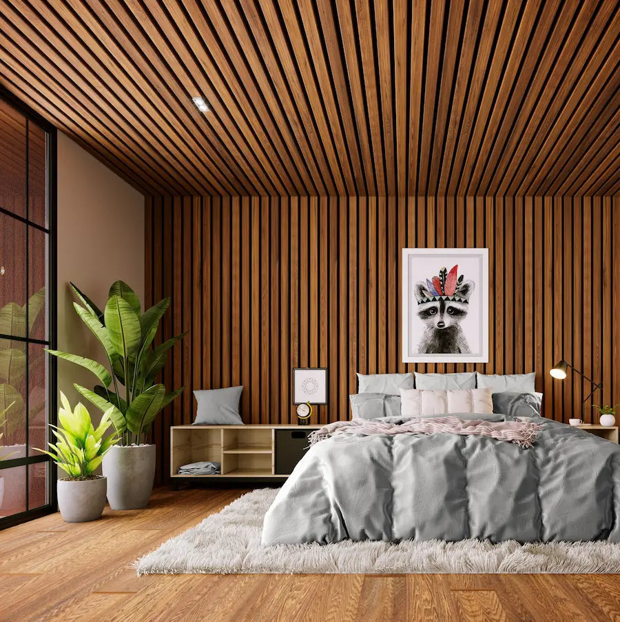 large wood slat wall panel accent wall in a bedroom
