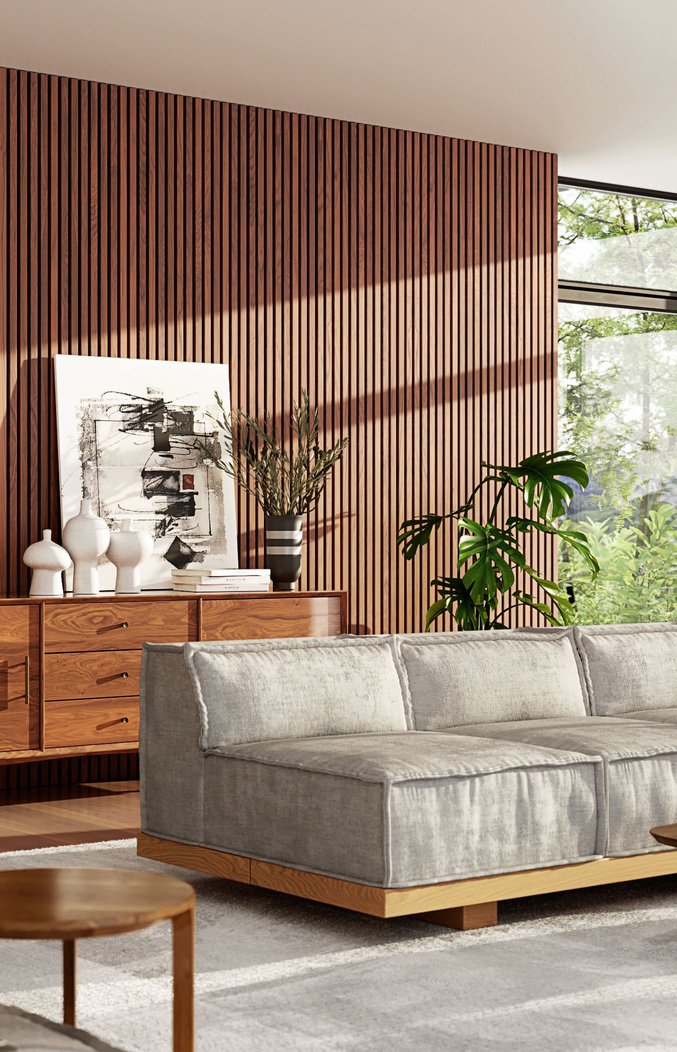 midcentury home living room with a vintage credenza and a vertical walnut wood slat accent wall