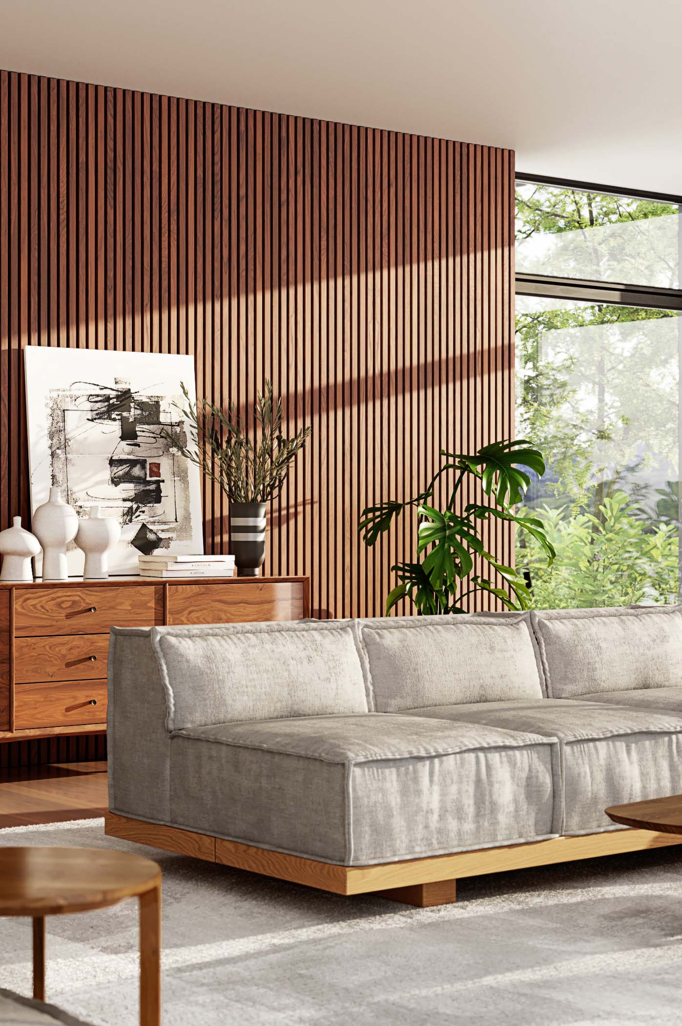 mid century living room with vertical walnut wood slat wall panels and oversized art