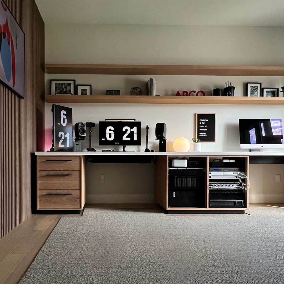 modern home office with wood slat accent wall