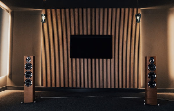 modern home theater design with surround sound and decorative wood acoustic wall panelling