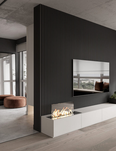 monochrome living room design with a modern fireplace and a black vertical wood slat feature wall