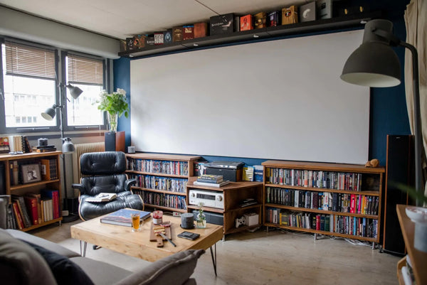 artsy living room with projector screen and bookshelves next to eames chair