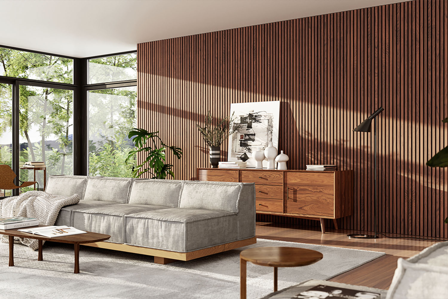 sunny midcentury modern living room with vertical wood slat walnut accent wall