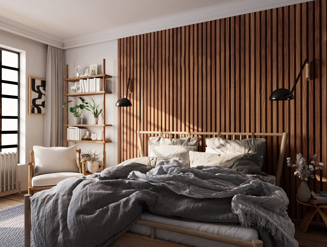midcentury bedroom with walnut wood slat wall panelling behind bed
