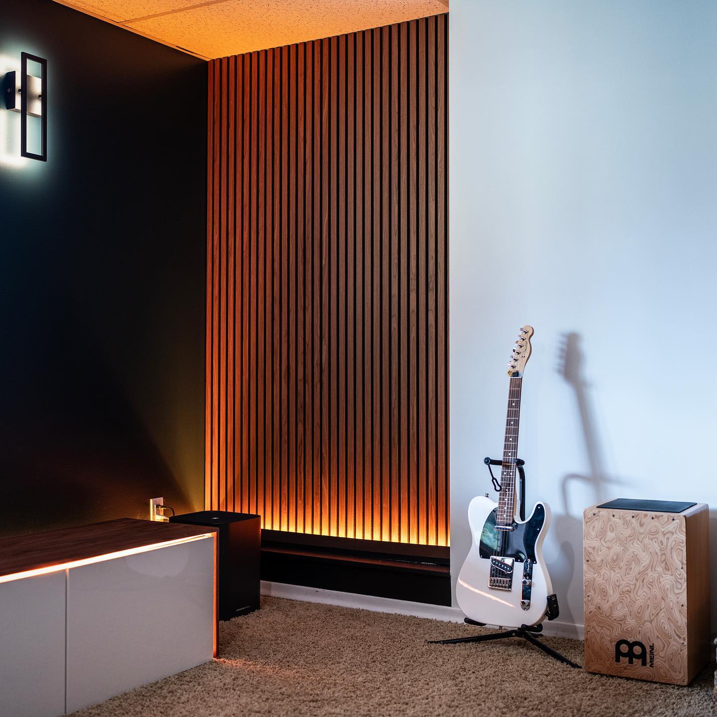 modern home theater with vertical wooden slat accent wall and led lights