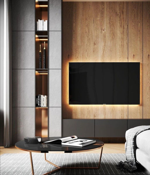 modern living room with decorative wood wall panelling behind tv