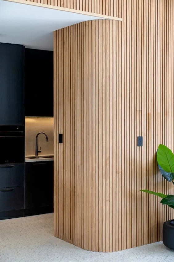wood slat accent panels in a kitchen