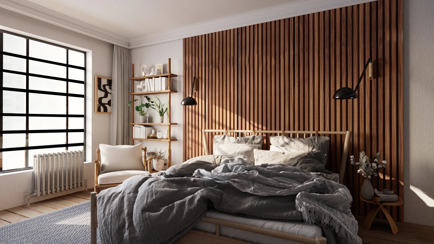 wood slat walls in a bedroom