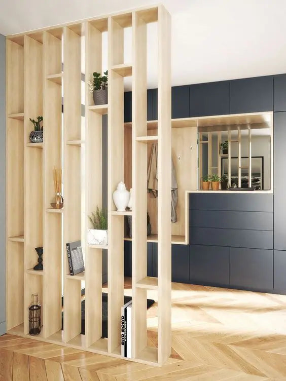 wood wall divider with shelves