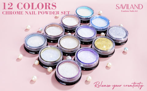 Saviland Mermaid Chrome Nail Powder Set - 12PCS White Pearl Aurora