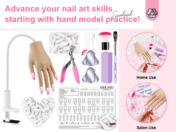 Saviland Silicone Practice Hand for Acrylic Nails, Upgraded Flexible  Moveable Fake Hands with No Breaking or Falling, Moveable Manicure Training Hand  Nail Kit with 100PCS Nails Tips for Home Salon